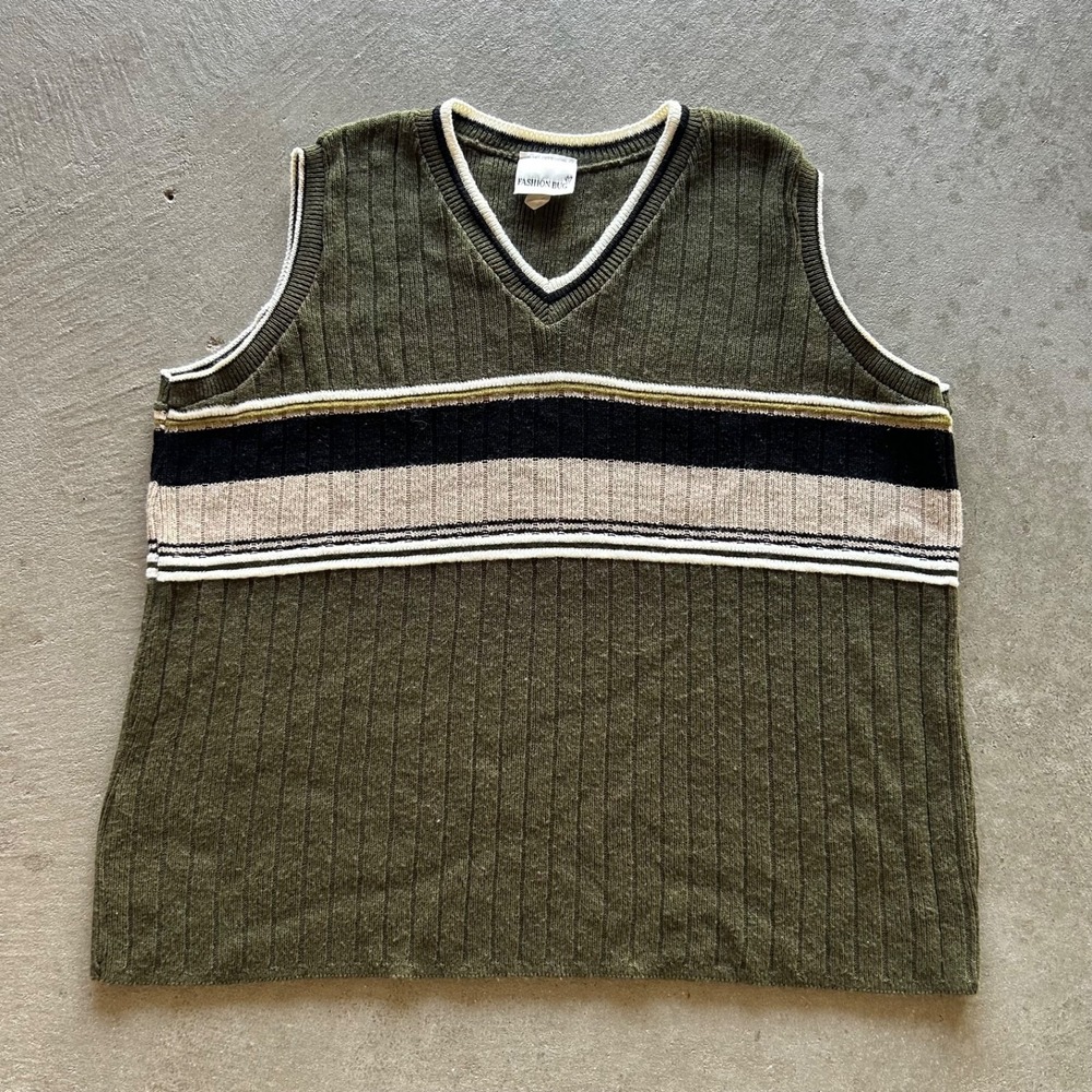 Vintage 90s Fashion Bug Striped Sweater Vest Womens Large Olive Green V Neck